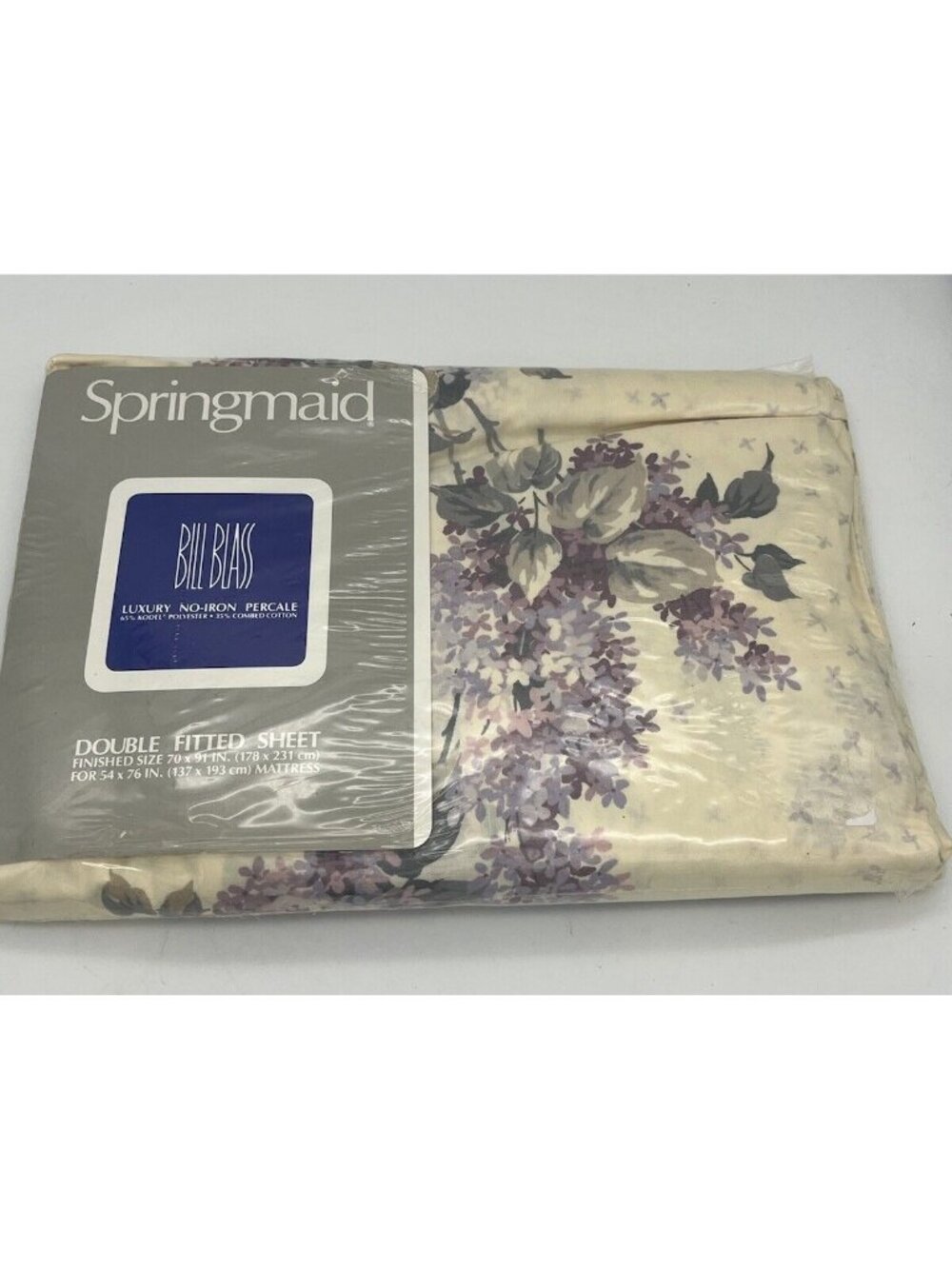 Vintage Bill Blass Springmaid EVENING LILACS Double Fitted Sheet 70x91" NIP